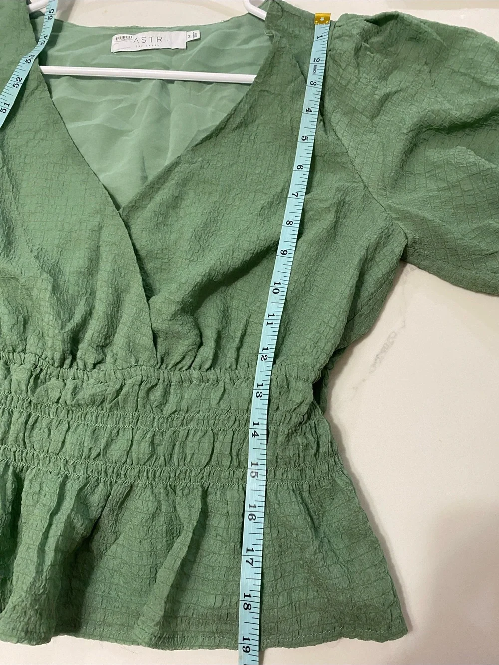 Astr Sage Green Smocked V-Neck Peplum Blouse